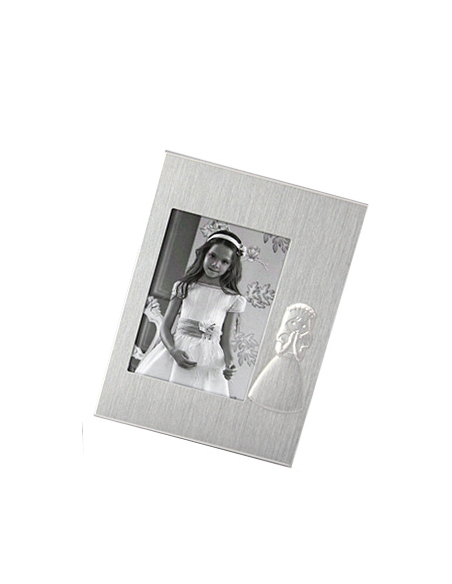 Marco de fotos de metal con silueta de niña vestida de Primera Comunión