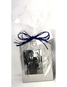 Marco de fotos en metal silueta niño Comunión, con bolsa rafia y tarjeta personalizada.