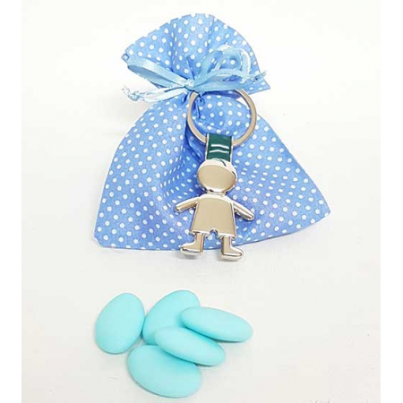 Llavero silueta niño en bolsa algodón azul con topos y peladillas.
