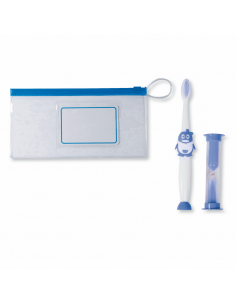 Cepillo de dientes infantil con reloj de arena en bolsa pvc azul