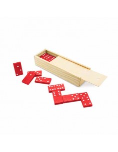 Domino fichas plástico rojo, caja madera