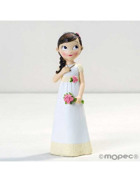 Figura para tarta niña Comunión romántica con ramo de flores