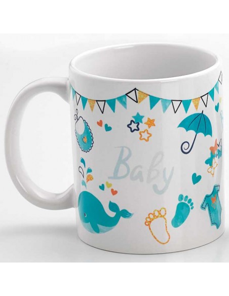 Reverso sin personalizar de la taza para regalo con motivos de bebé, color celeste