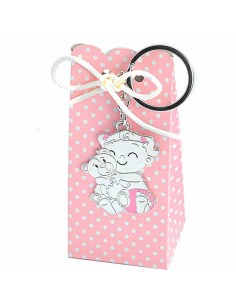 Llavero para recuerdo de bautizo bebé niña con osito y caja con peladillas