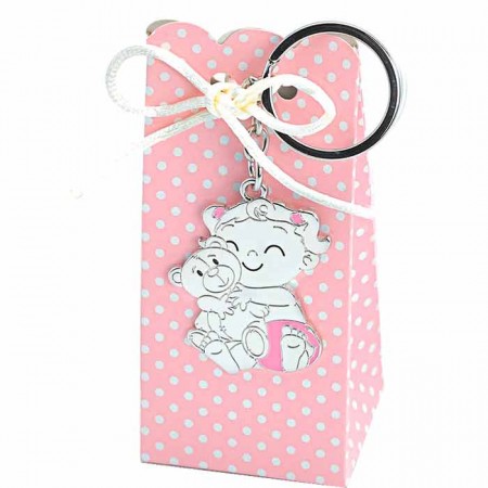 Llavero para recuerdo de bautizo bebé niña con osito y caja con peladillas
