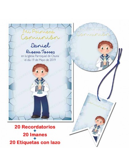 Pack con 20 recordatorios, 20 imanes y 20 etiquetas, Niño con vela