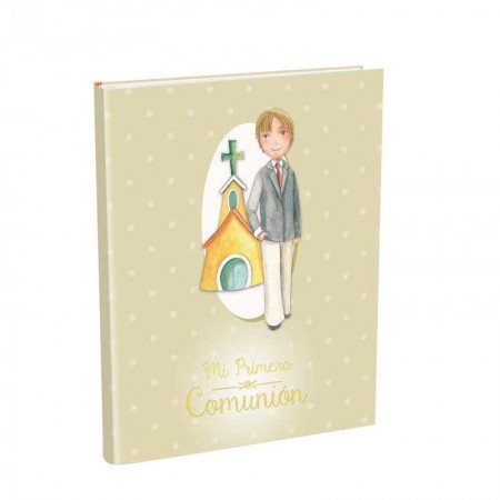 Portada del libro para firmas Comunión con maletín, Niño trajeado con iglesia de fondo