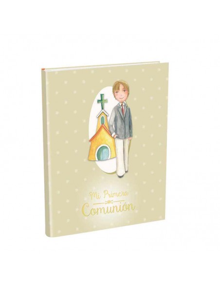 Portada del libro para firmas Comunión con maletín, Niño trajeado con iglesia de fondo