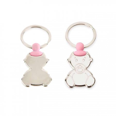 Llavero con forma de bebé con chupete y un detalle rosa