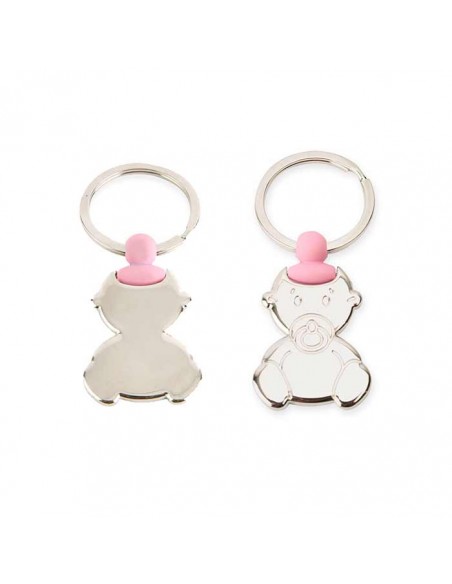 Llavero con forma de bebé con chupete y un detalle rosa