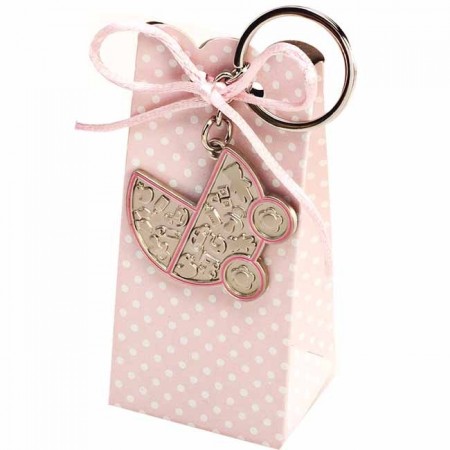 Llavero cochecito rosa con 5 peladillas de chocolate, detalle para bautizo
