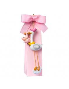 Imán cigüeña bebé niña en caja alta rosa con 5 peladillas, detalle para bautizo