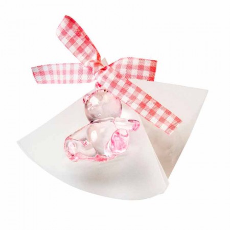 Estuche acetato con 5 peladillas, osita plástico, lazo vichy a rosa y tarjeta personalizada.