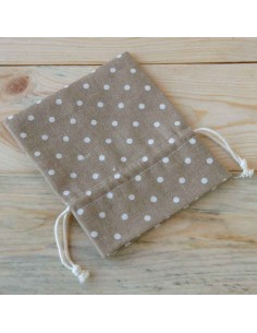 Bolsa de algodón marrón con topos de color marfil, 14 cm.