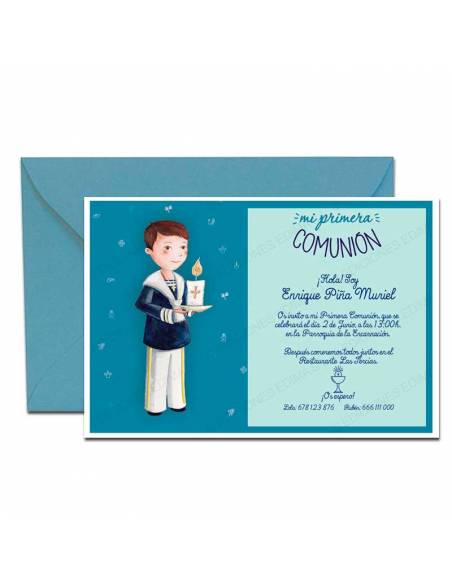 Invitación niño con cirio más sobre azul
