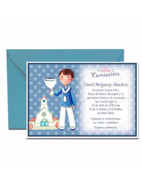 Invitación para comunión, niño con cáliz, y sobre azul