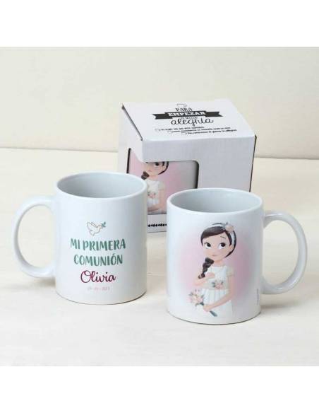 Taza de cerámica personalizada con el nombre, para Comunión con niña romántica