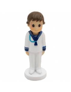 Figura en resina, niño Comunión marinero con cordón azul, ancla.