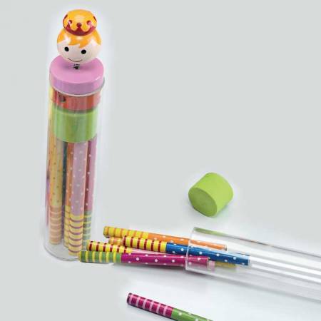 Tubo con 6 lápices colores niña en el tapón en madera y sacapuntas