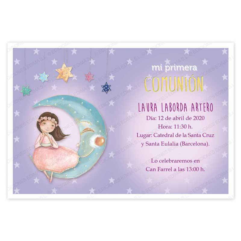 Invitaciones para 1ª Comunión + sobres, niña vestido rosa en la luna