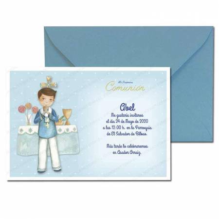 Invitación Primera Comunión más sobre azul, elegante marinero en el altar