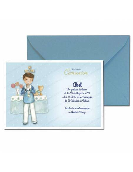 Invitación Primera Comunión más sobre azul, elegante marinero en el altar