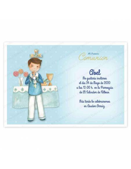 Invitación niño Primera Comunión, decorada con un elegante marinero en el altar