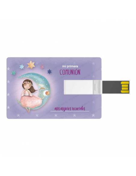 Tarjeta memoria USB, 16 GB, para comunión. Niña vestido rosa, sentada en la luna