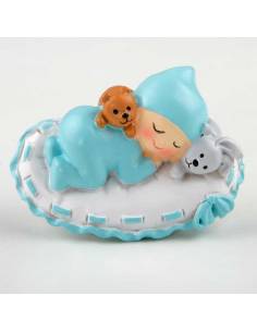 Imán bebé azul sobre almohada, detalles para bautizo