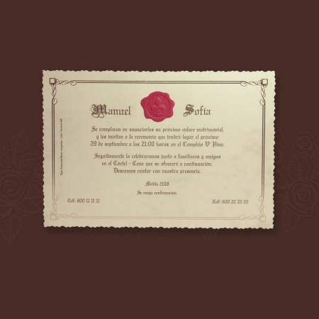 Invitación de estilo clásico tipo pergamino con sello de lacre en la parte superior de la tarjeta
