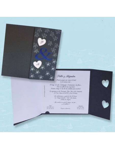 Elegante invitación para boda tipo tríptico en color azul metalizado
