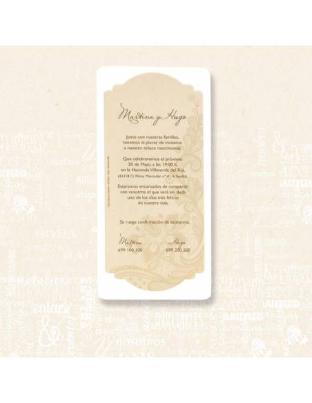 Invitación para boda con diseño vintage en color beige y blanco