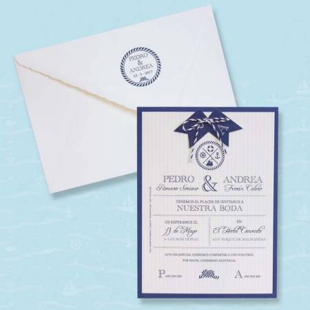 Invitación para boda de estilo marinero con diseño vintage en color azul y color crema