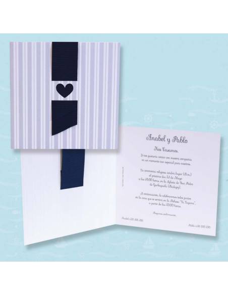 Invitación para boda de estilo clásico tipo díptico en color azul