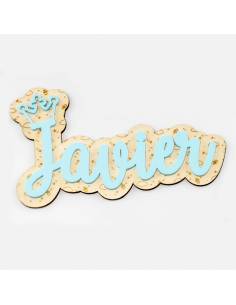 Nombre en madera y metacrilato de color azul