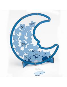 Luna de los deseos color azul, con estrellitas. Recuerdo para bautizo o baby shower