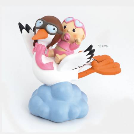 Cigüeña con Bebé gafitas rosa volando, figura para pastel