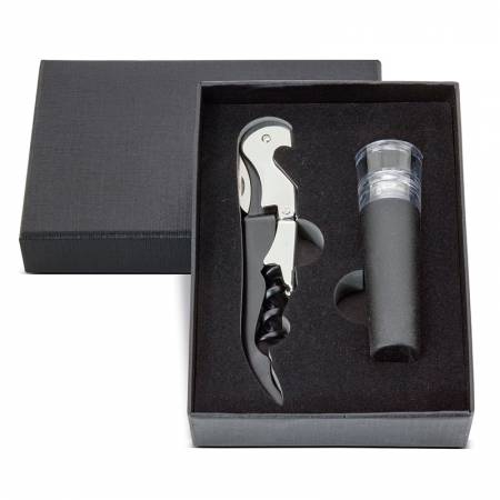 set de vino elegante con abridor y tapón en caja negra